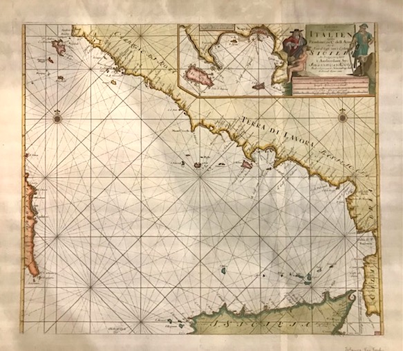 Keulen Johannes, van (1654-1711) Paskaart der Zeekusten van Italien tusschen. Piombino, en C. dell'Arme met de Noord-kust, van't Eyland Sicilia 1724 Amsterdam 